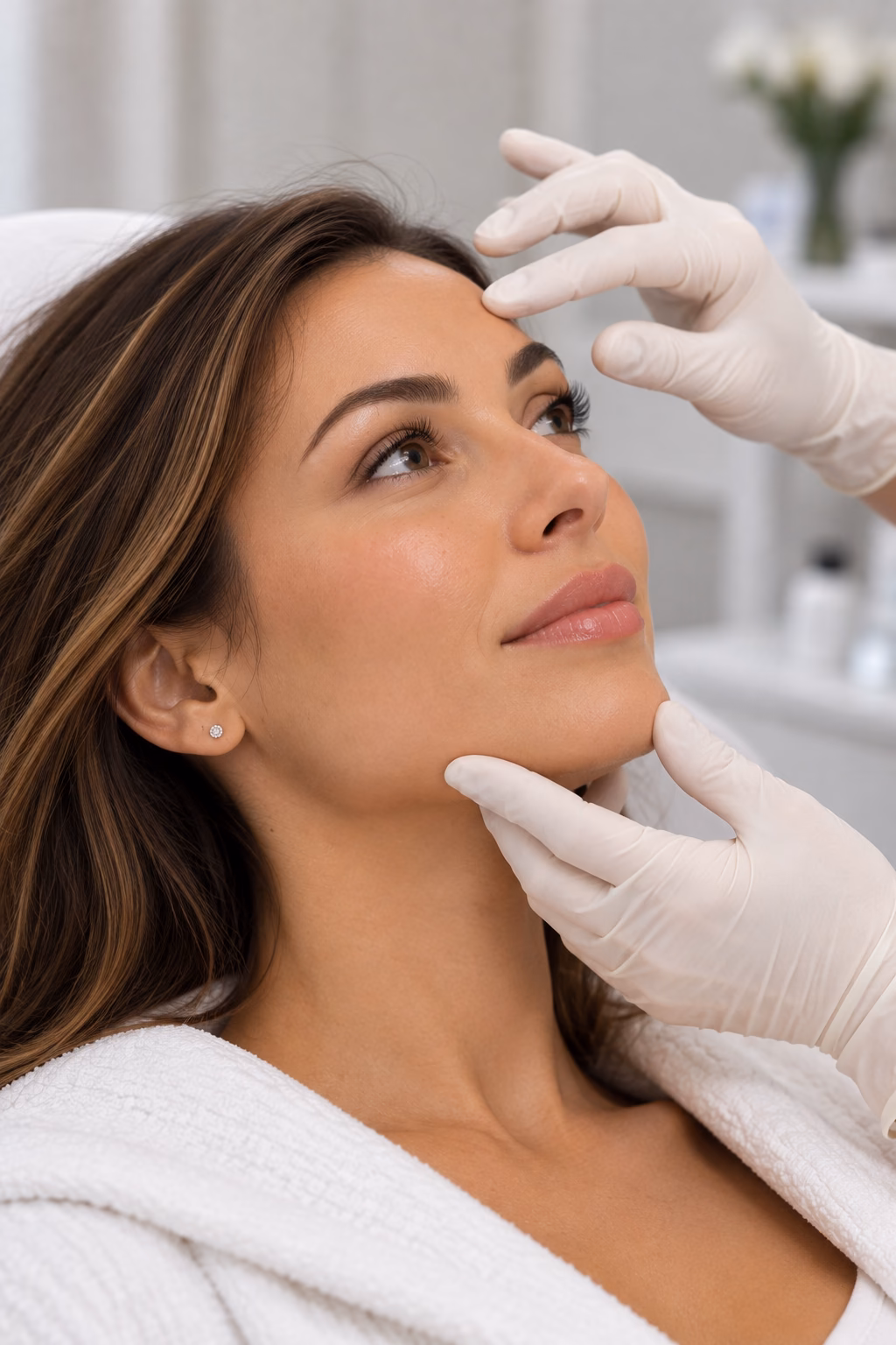 A practitioner assessing a client during an anti-wrinkle consultation